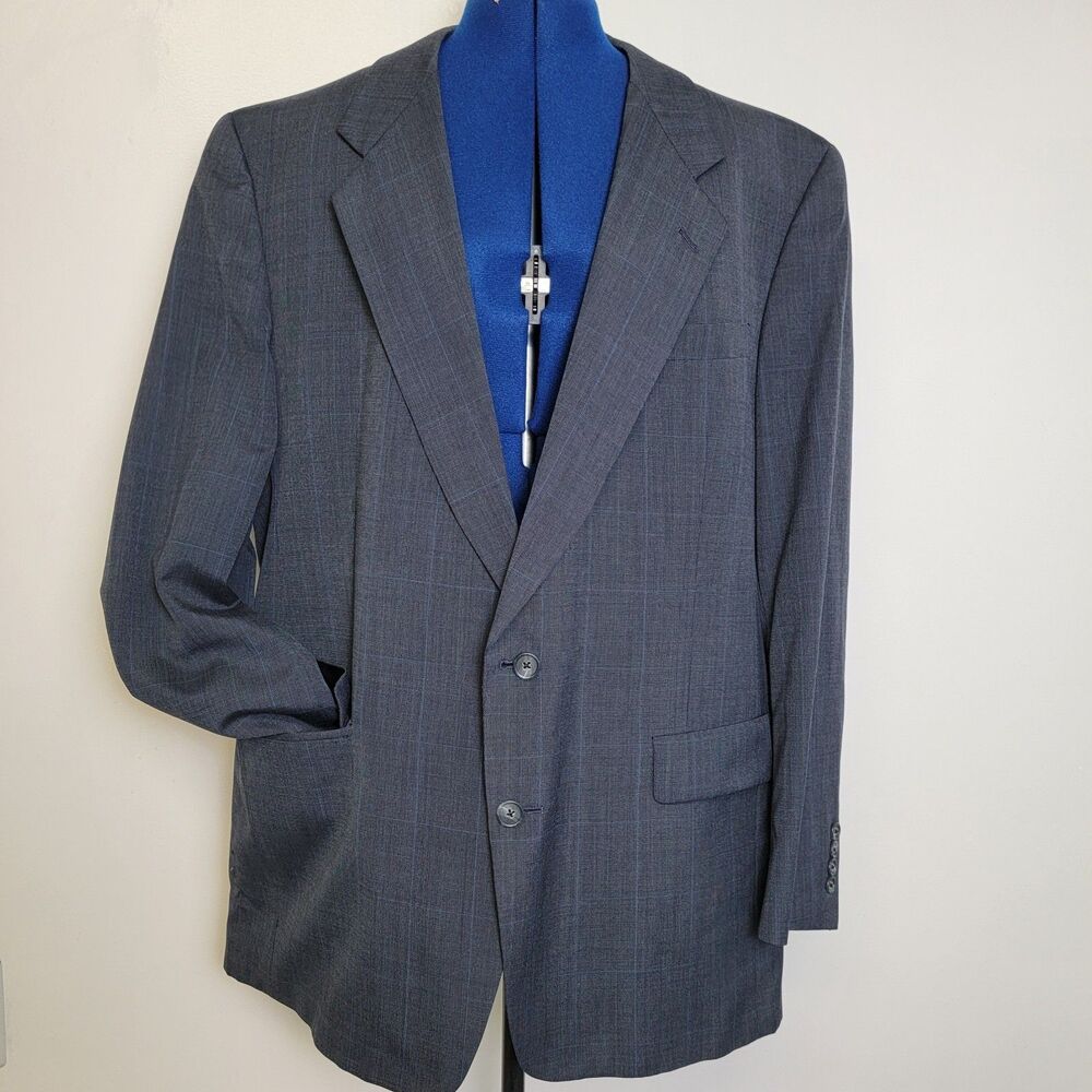Hart Shaffner & Marx VTG ACTWU Gray Blue Graph Pattern 2 Button Notch Blazer 46L